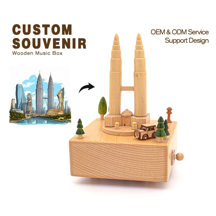 Funny Children's Room Decoration Ornaments Kuala Lumpur Twin Towers Wooden Music Box with Moving Round Car