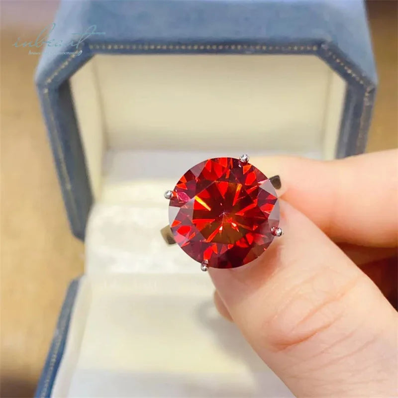 Silver 925 Original 10 Carat Round Brilliant Cut Diamond Test Past Sparkling Red Moissanite Ring for Women Wedding Fine Jewelry