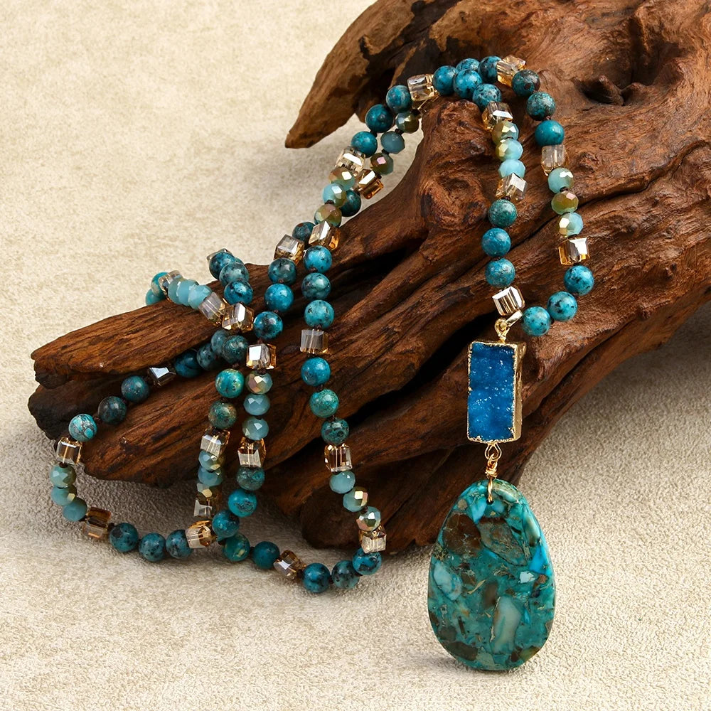 New Women Custom Boho Gemstone Necklace Lady 6mm Crystal Glass Natural Stone Imperial Drop Pendant Rectangle Druzy Necklace
