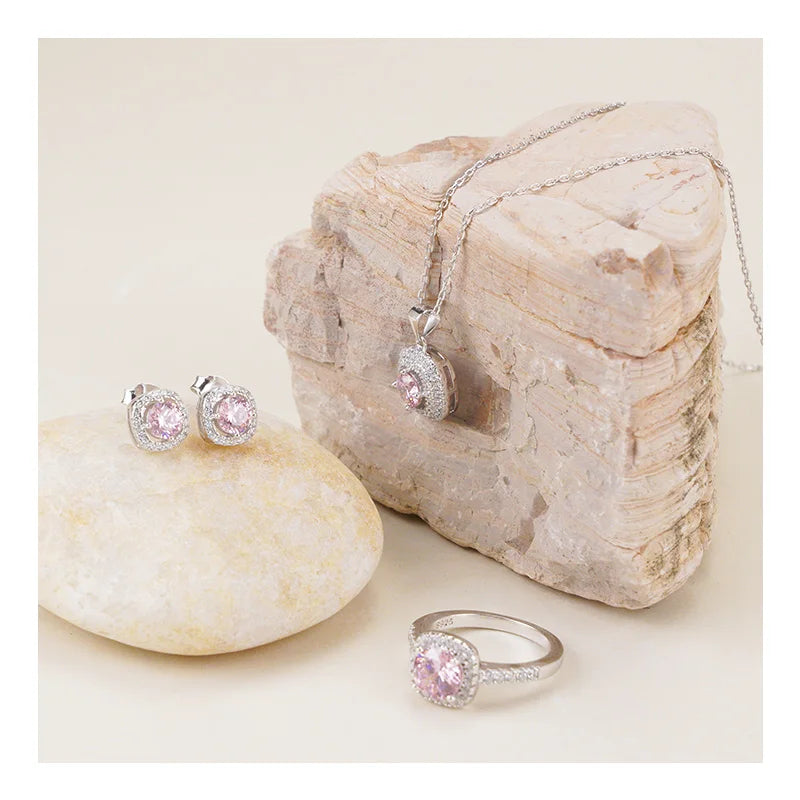 Custom Hot Selling 925 Sterling Silver Wedding Jewelry Engagement Pink Zirconia Diamond Earring Ring Necklace Sets