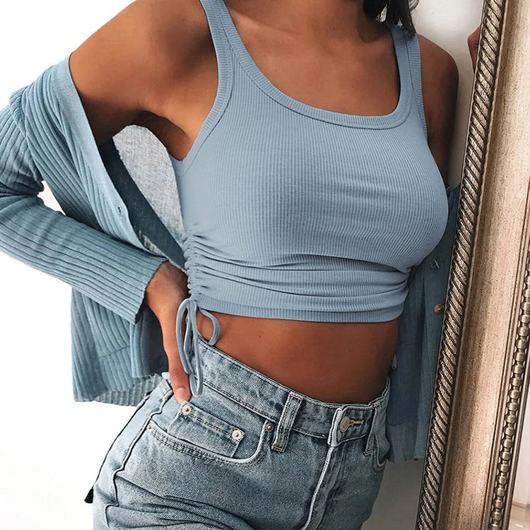 Ladies Sexy Drawstring Ruched Strap Knit Short Vest Women Halter Tops Summer New Fashion Sexy Slim Short Navel Workout Tank Top