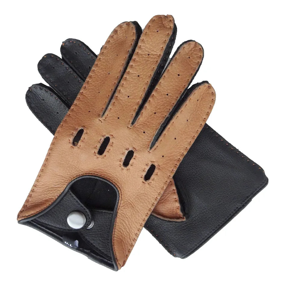 Sample Support Custom Genuine Deerskin Leather Gloves for Men Black and Yellow with Lining for Cycling Travel Sports Driving