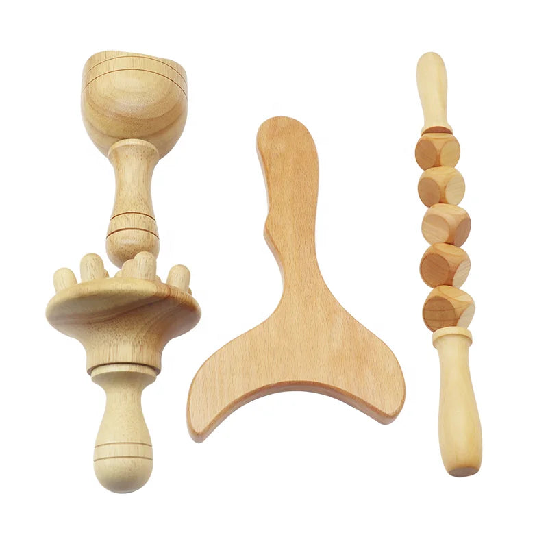 Professional Wooden Sturdy Lymphatic Drainage Straight Roller Kit Wood Maderotherapy Tool Set for Reduces Deep Pain