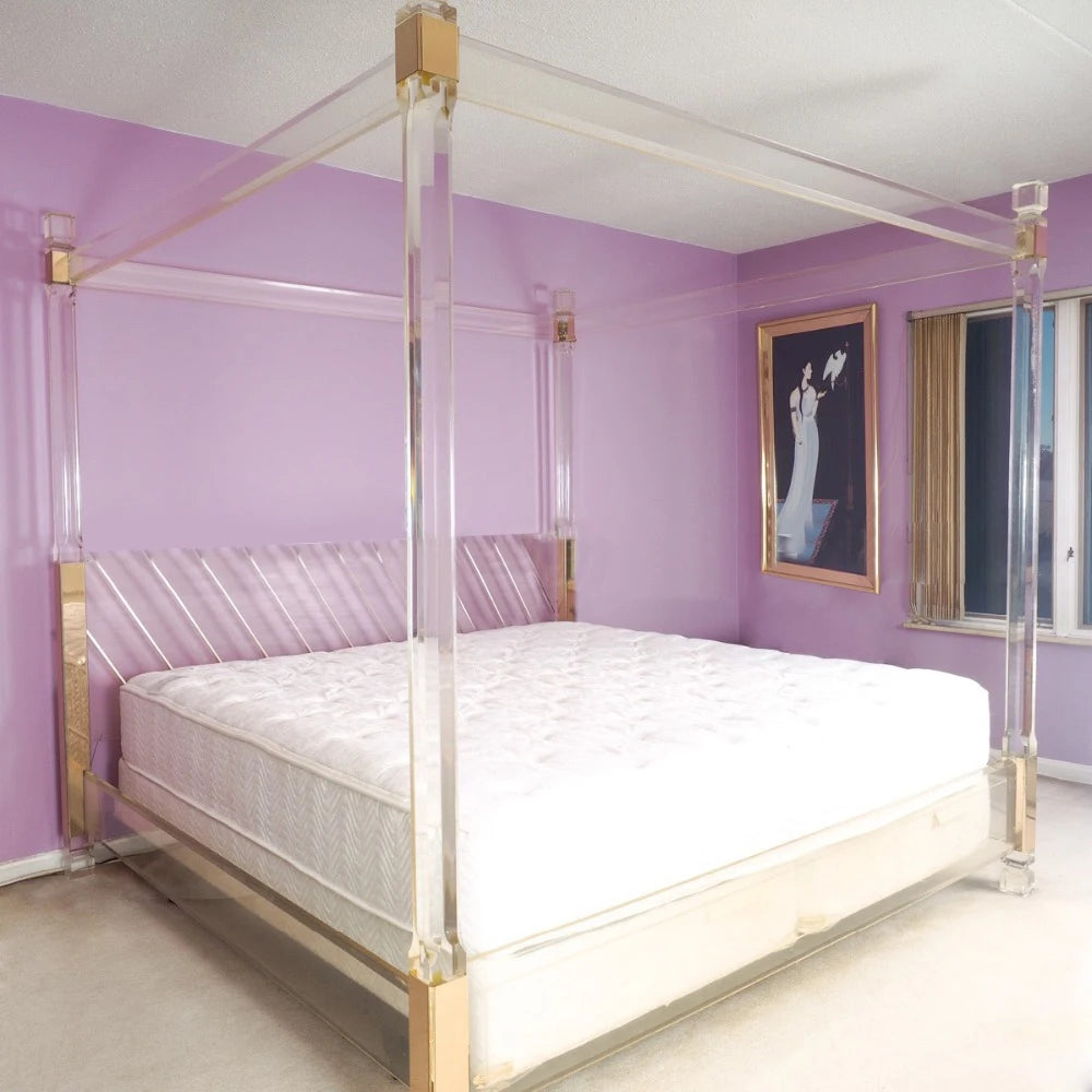 Luxury Modern Stainless Steel Bedstead Transparent Acrylic Cooling California King & Queen Size Golden Bed Frame