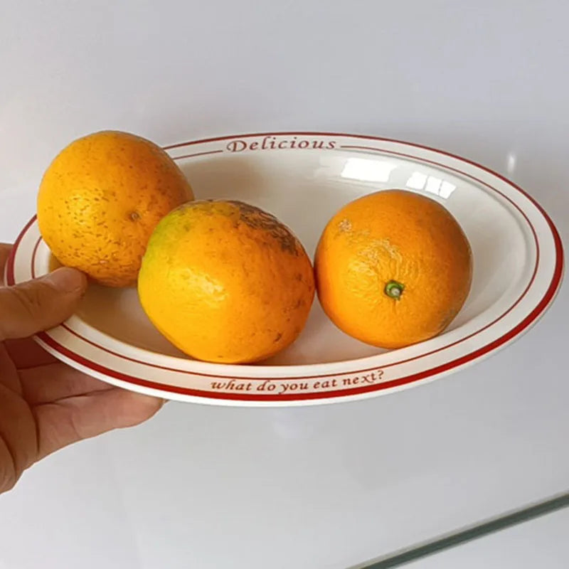 Ins Style French Red Line Flat Plate Retro Oval Breakfast Dessert Plate
