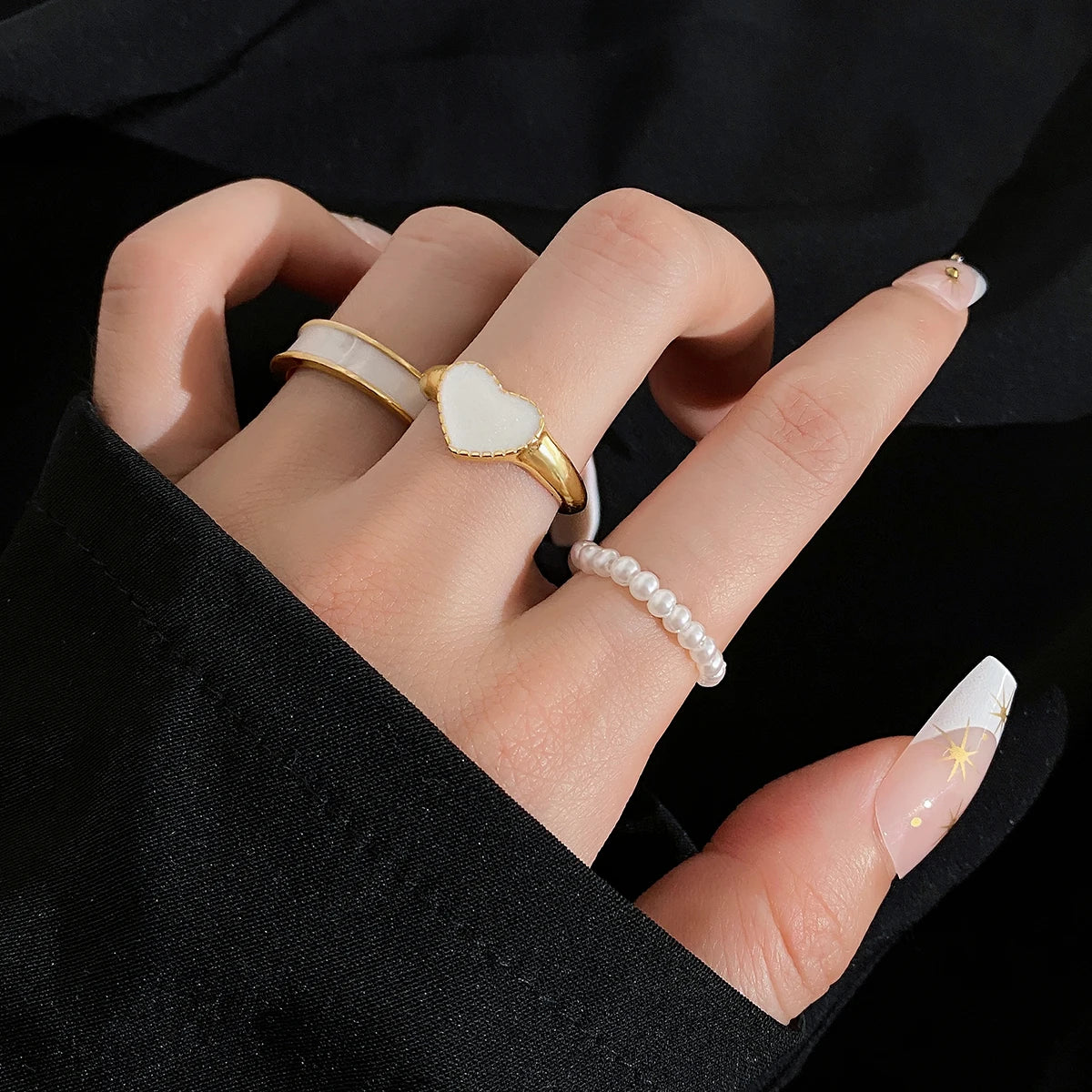 VKME 3Pcs/Set Pearl Heart Ring Set for Women Gift