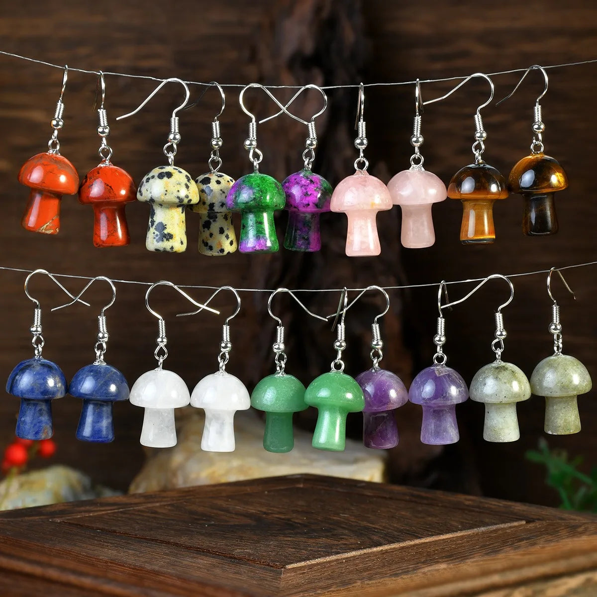 Classic Crystal Mushroom Drop Earrings Natural Shaped Dangling Healing Energy Reiki Balancing Jewelry for Women