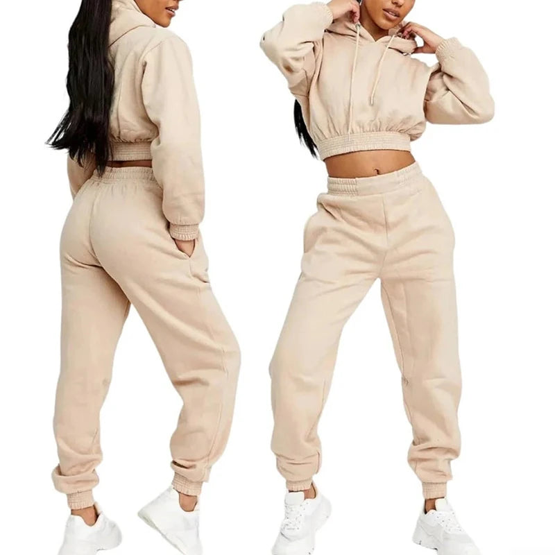 Custom Logo High Quality Cotton Polyester Tracksuit Cropped Top Elastic Waist Set Gym Loose Sports Tracksuit for Women