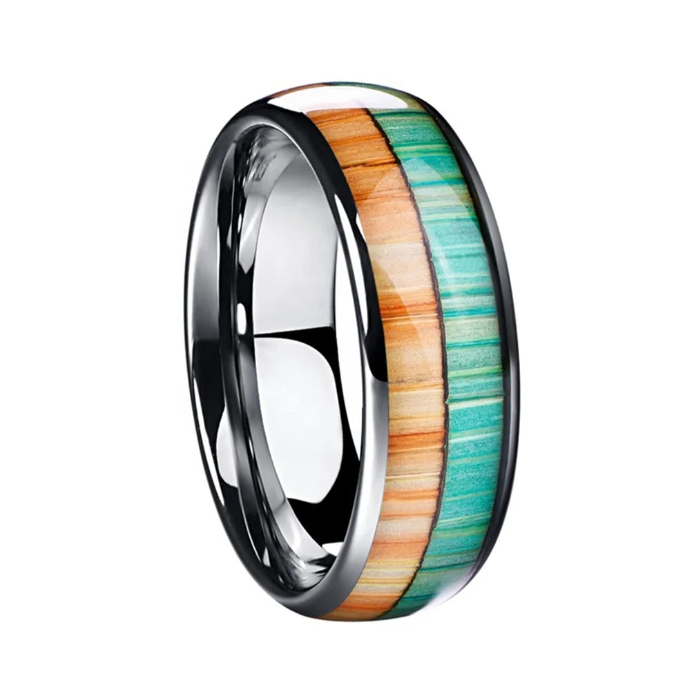 Alin Mirror Polish Tungsten Carbide Ring Unique Orange and Green Two Tone Wood Inlay Tungsten Rings