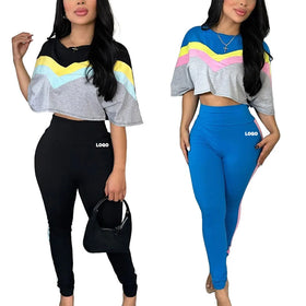Custom Patchwork Cropped 2 Piece Set for Women Fashion Clothes Women Custom Short Sleeves T Shirt and Pants Two Piece Set