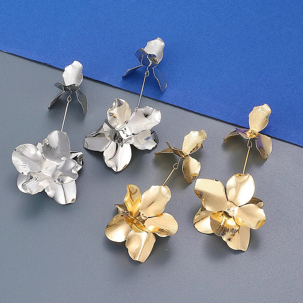 Vintage Gold Plated Layered Floral Pendant Earrings Jewelry Statement Flower Dangle Earrings for Women