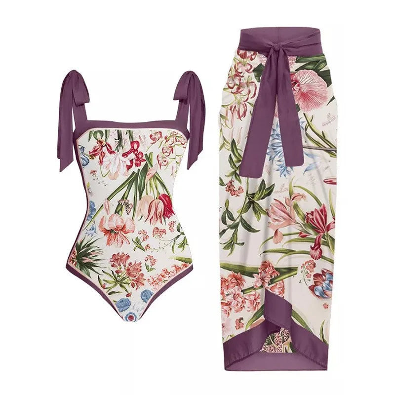 2025 Flower Retro Cross Straps Floral Print One Piece Swimwear Set Women Beachwear Luxury Bathing Suit