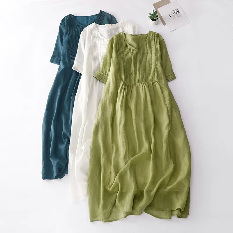 Boutique Wholesale 2026 Summer New Vintage Design Sense Organ Pleated Art Solid Color V-Neck Ramie Slim Women's Dress