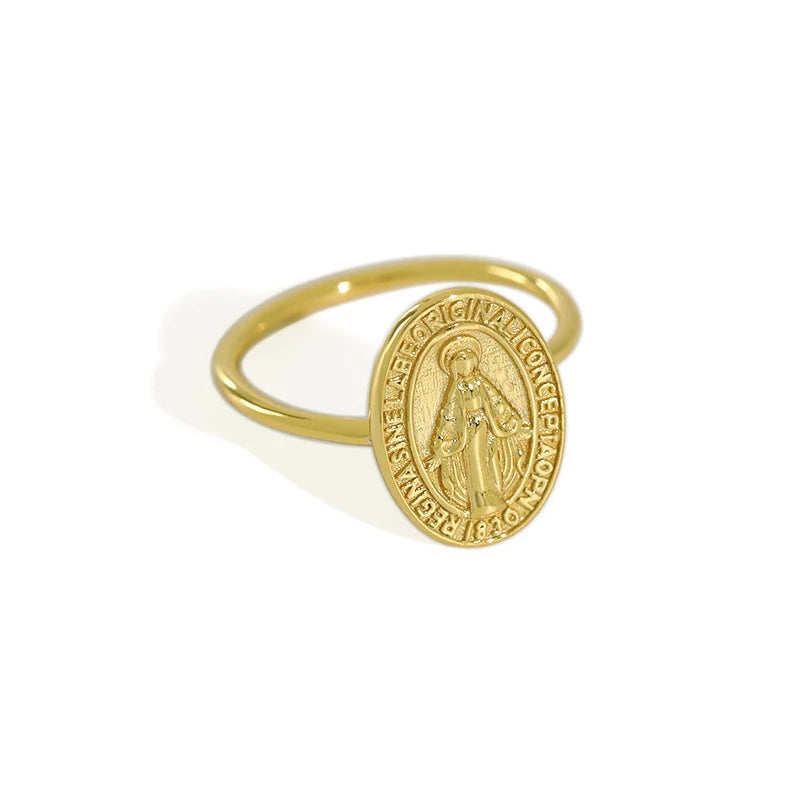 925 Sterling Silver Ring with Virgin Mary Medallion Ring for Women Men 18K Gold Plated Hypoallergenic