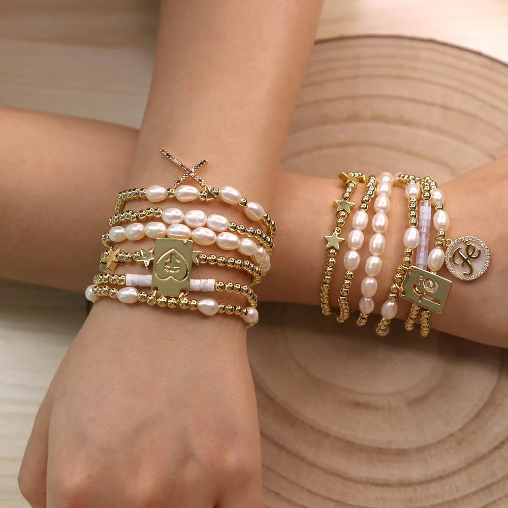 Women Heart Bangle Bracelet Women Cross Pendants Charms Gold Beads Baroque Pearls Copper Bracelets Pearl Gold Plated