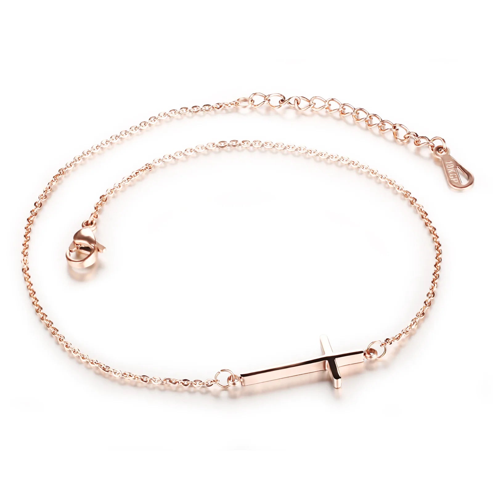 Rose Gold Stainless Steel Sideway Cross Anklet Women's Elegant Fine Body Chain Bracelet