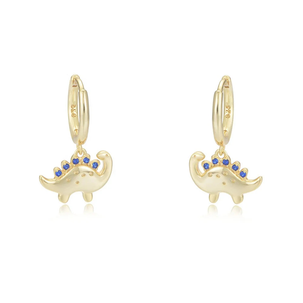 INS Hot Sale CZ Dinosaur Dangle S925 Sterling Silver Women Girls Cute Animal Spinel Blue Hoop Drop Earrings  Jewelry