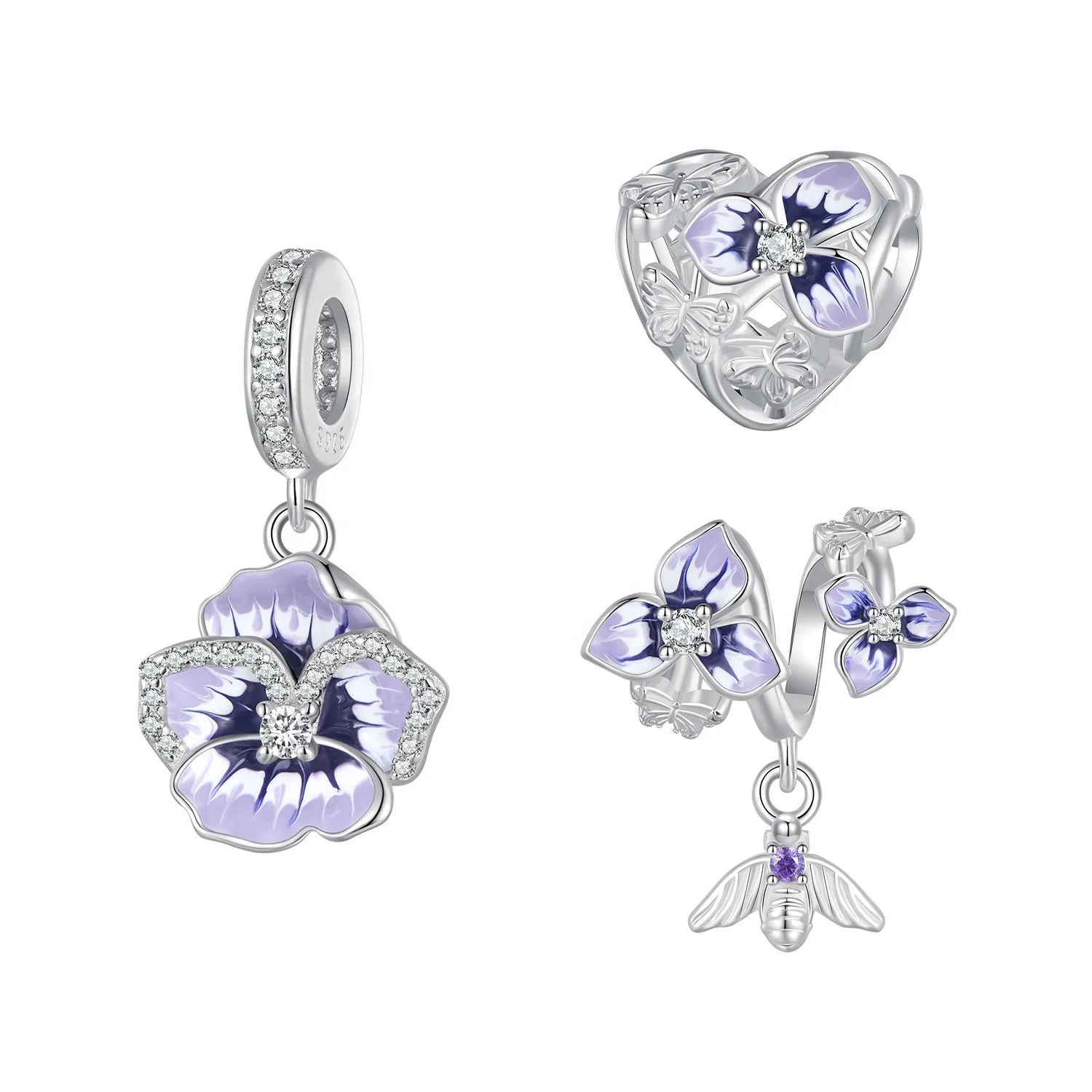 925 Sterling Silver Pansy Pendant Elegant Religious Diamond Heart Flower Beads Fit for Women's DIY Bracelet Necklace Fine Gifts