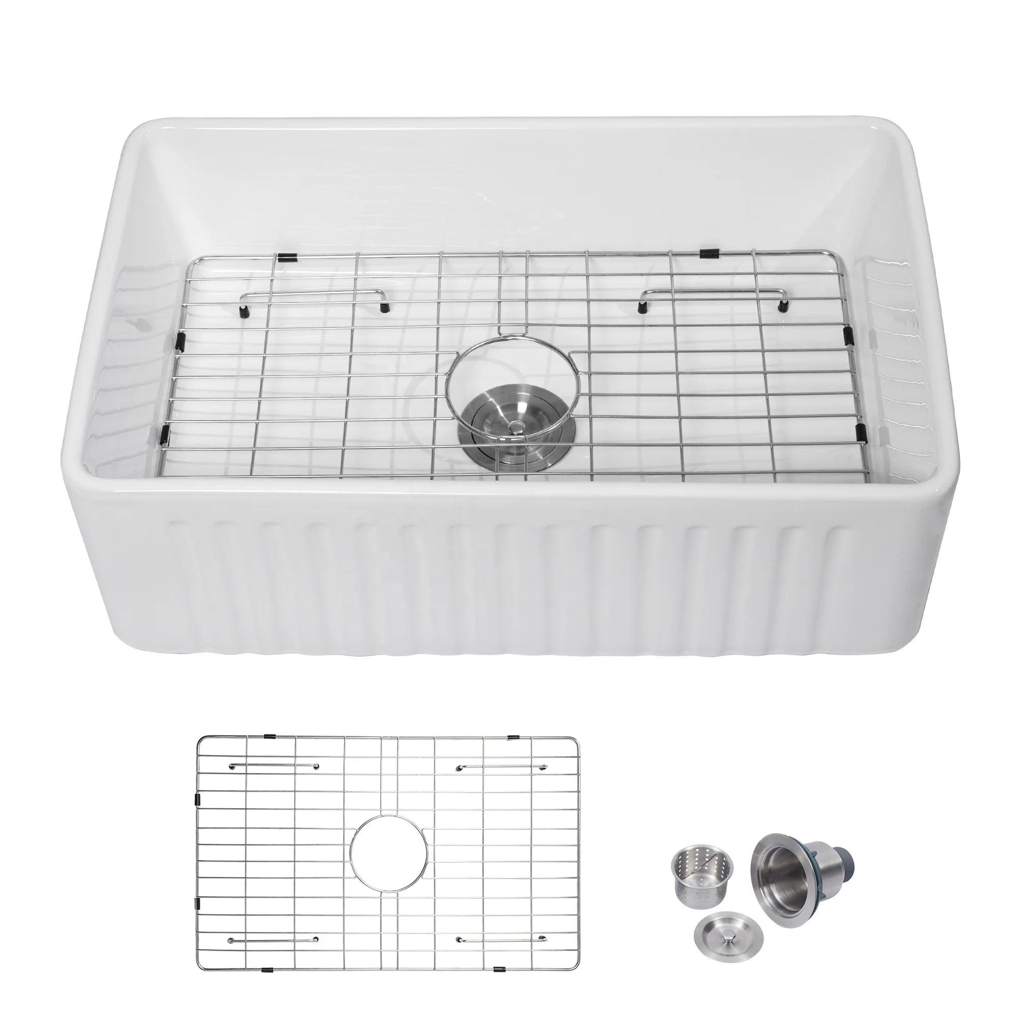 US Warehouse Sarlai 30inch Single Bowl Farmhouse Sink With Apron Front Porcelain Ceramic Kitchen Sinks Includes Accessories