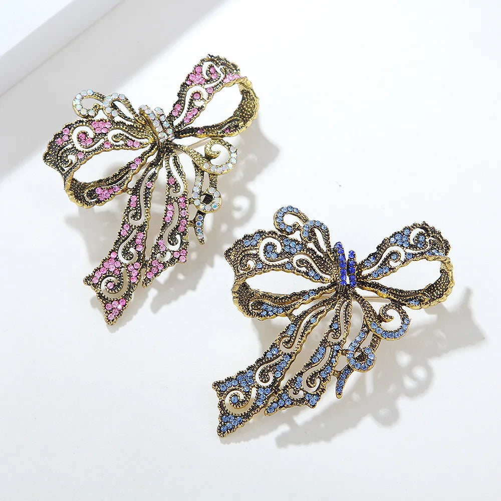 Elegant Ladies Blue Pink Bowknot Diamond Brooch Fashion Clothing Accessories for Wedding Engagement Gift Mainly Made of Alloy