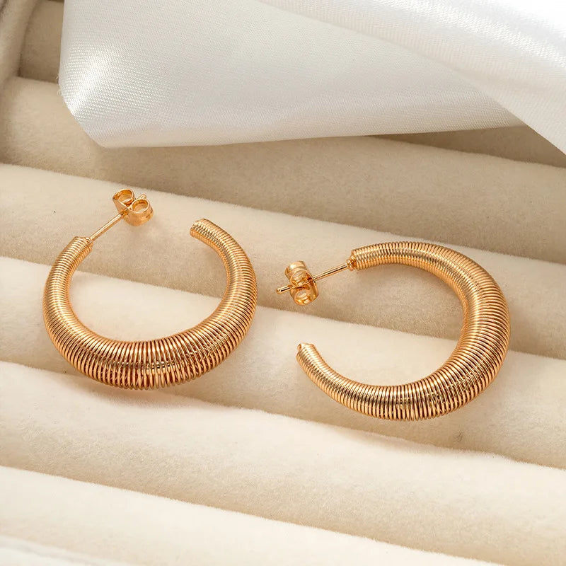 Women Silver Color Spring Stainless Steel C Shape Chunky Hoop Earring