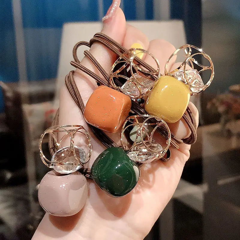 Korean Hollow Rhinestone square Head Rope Hair Tie Spring New Rubber Band Hair Accessories