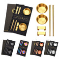 304 Stainless Steel Sushi Chopsticks Set with Dipping Sauce Dish Holder Reusable Metal Cutlery Gift Set for 2 People