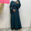16001# Smooth Nida Fashion Women Pretty Applique With Hidden Tassel Belt Dress Muslim Islamic Ramadan Eid Clothes