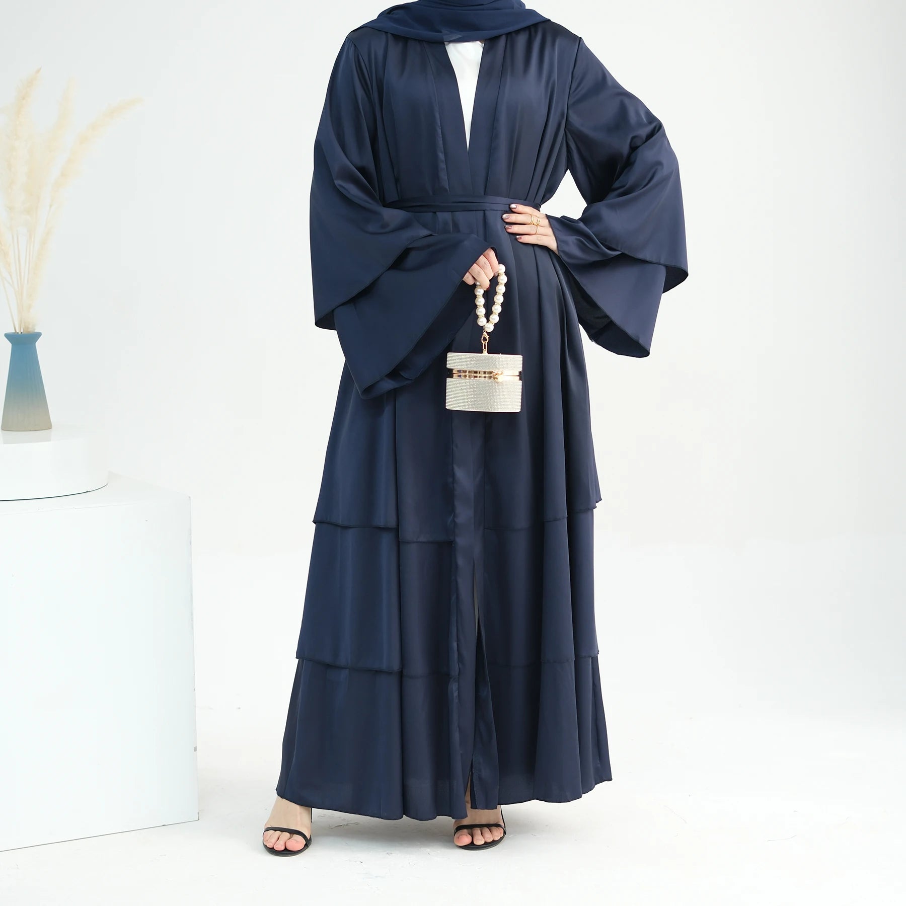 2026 New EID Abaya Designs Elegant Satin Abaya Modest Big 3 Layers Open Abaya Women Muslim Dress Traditional Muslim Clothing