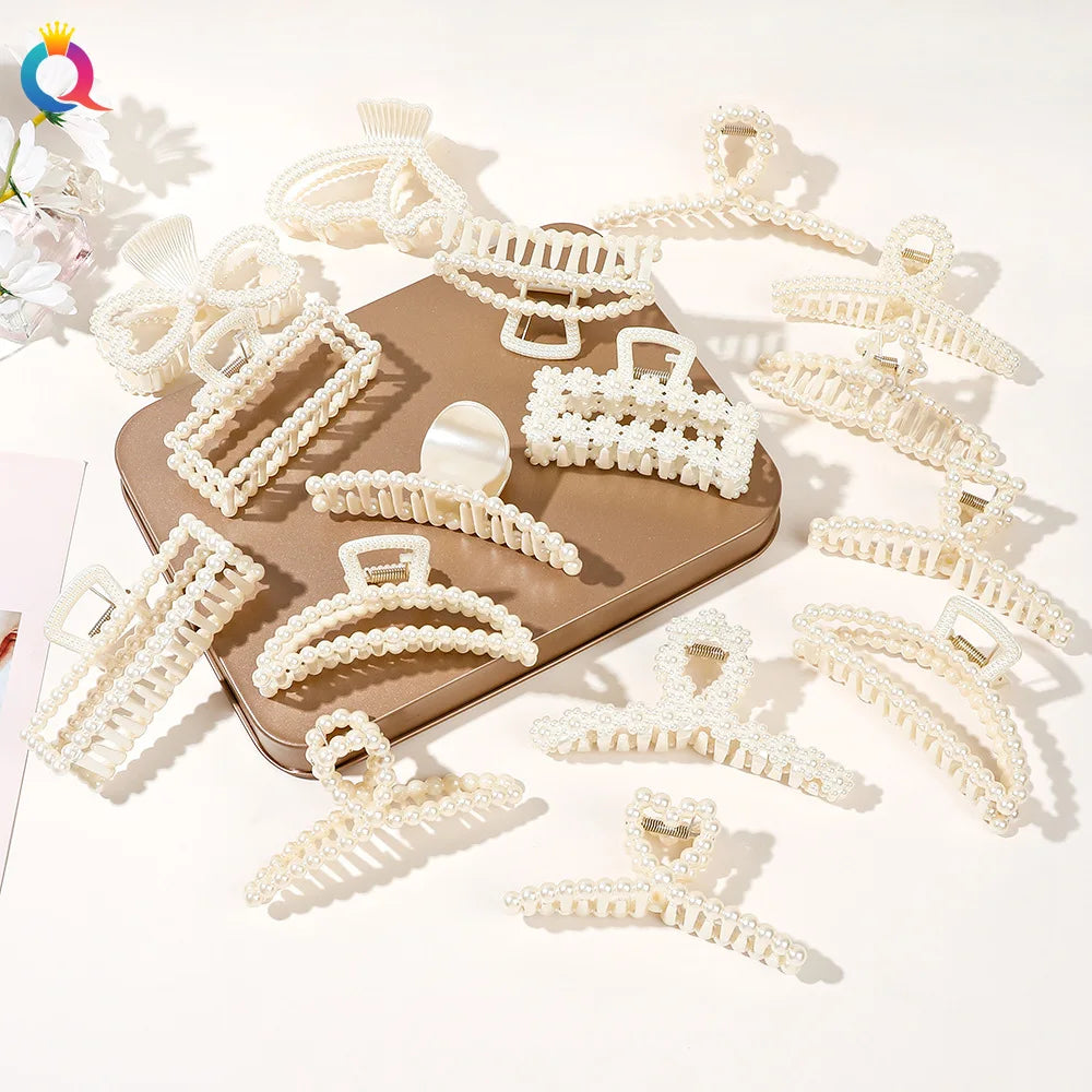 White Color Pearl Bead Large Hair Claw Clip Large Hair Clamp for Women Thick Hair