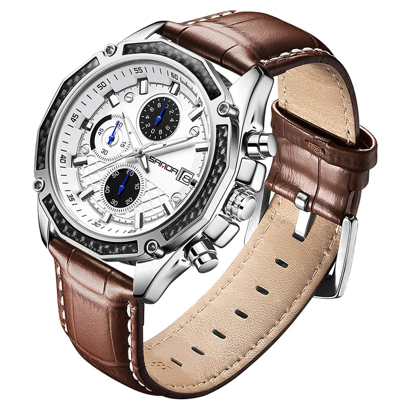 2023 New SANDA Watch 5301 Fashion Men's Quartz Movement Popular Leather Band Luminous Hands Date 3ATM Waterproof Men's Watches