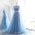 Luxury Dubai Blue Arabic Evening Dress With Cape Sleeves Elegant High Neck Muslim Women Wedding Party Gowns Sz451