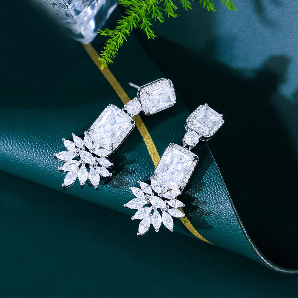 Bling White Square Cubic Zirconia Dangling Bridal Party Wedding Big Pageant Earrings for Women CZ Jewelry Gifts