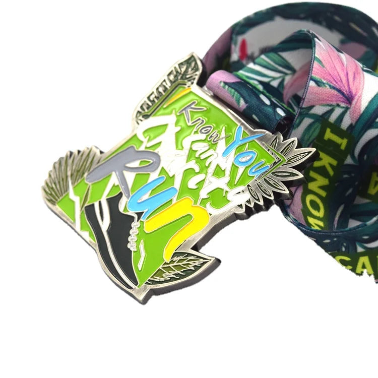 Top Quality Excellent Custom Soft Enamel KNOW YOU RUN Metal Rectangle Silver Plating Charity Fun Run Sport Medal with Ribbon