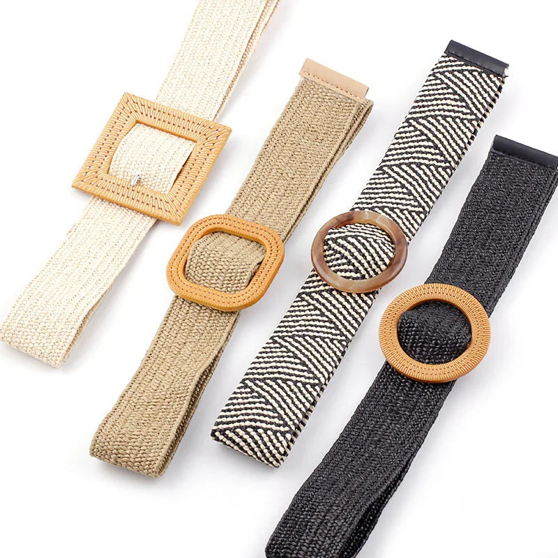 Women's Boho Style Raffia Woven Belt With Round Resin Buckle Stretchable and All-Matching for Casual Pants Decorations