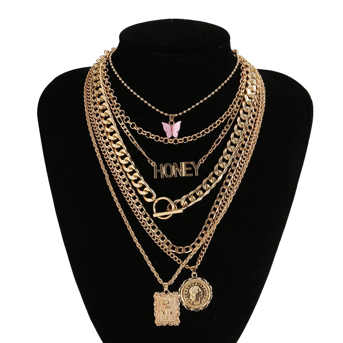 2021 Female Personalized Multi-layered Gold Plated Clavicle Chain Butterfly Charms Honey Letter Abstract Pendant Necklace