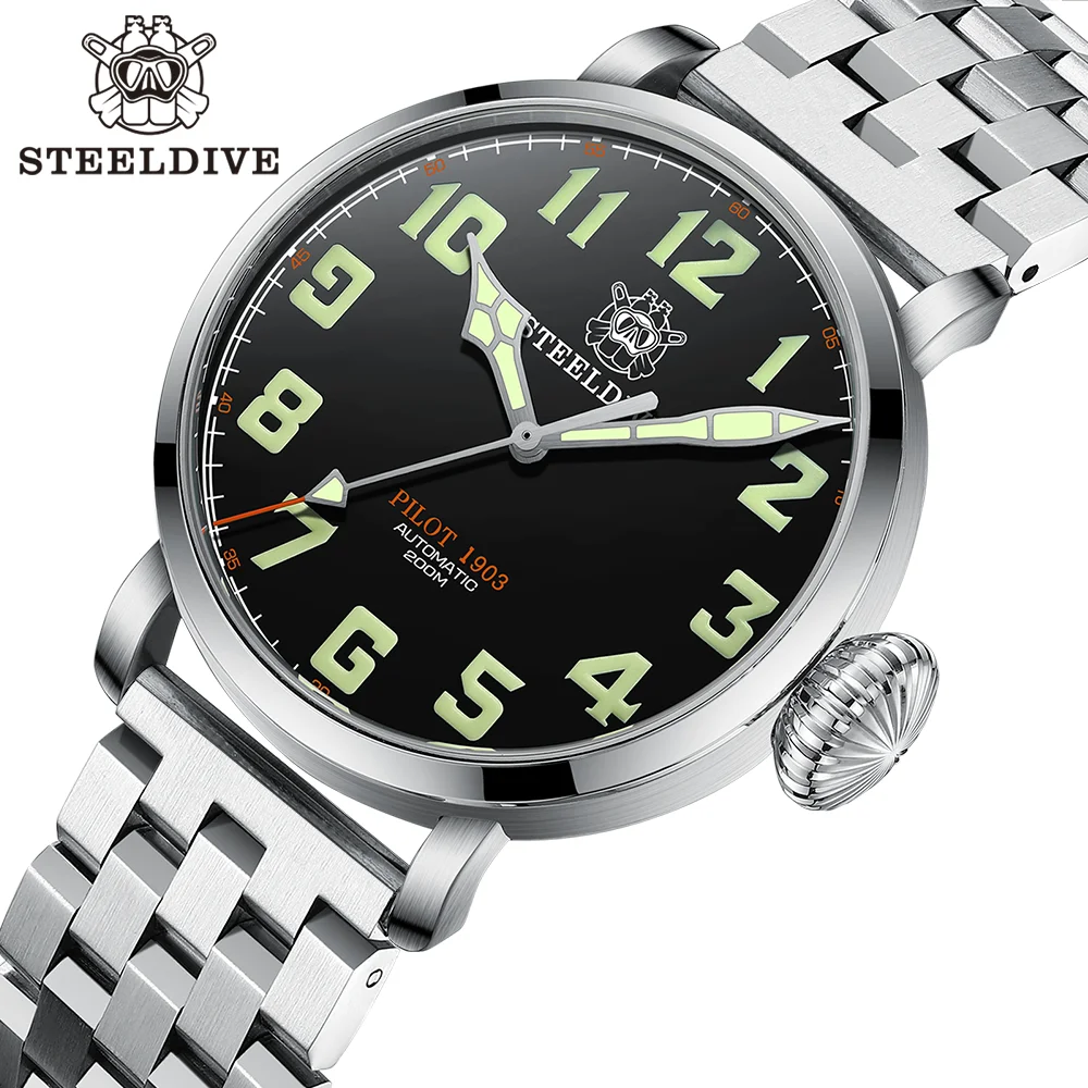 STEELDIVE SD1903 New Arrival 46.5mm Steel Case Dive Watch Super Luminous C3 Unique Crown 200M 20ATM Diving Men Watches