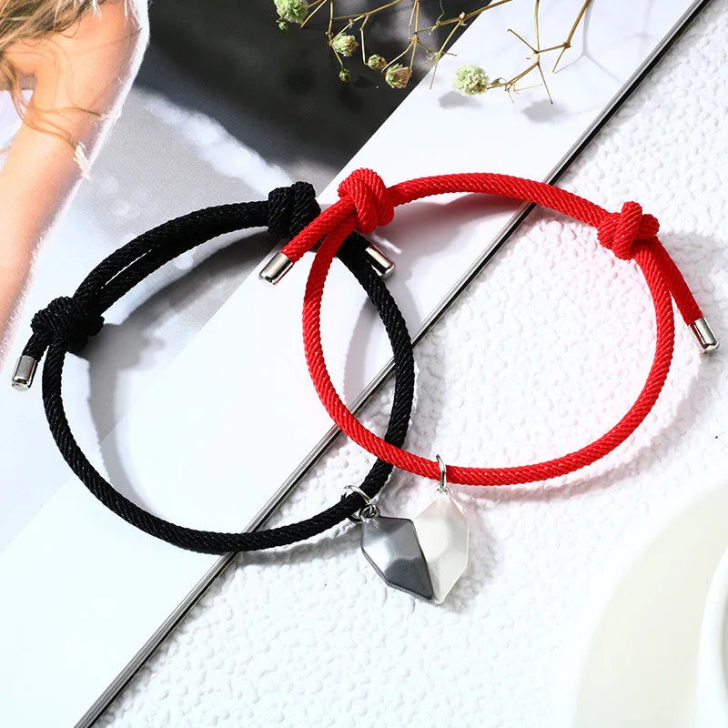 Magnetic Love Heart Couple Bracelets Wishing Stone Stitching Magnet Weaving Adjustable Bangle Friendship Lover's Bracelet