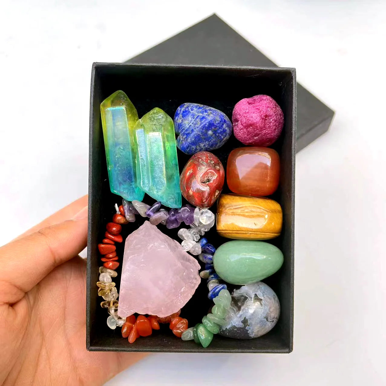 Wholesale Price Natural Rock Rose Amethyst Quartz Crystal 7 Chakra Bracelet Tumble Stone Shard Set Crystal Gemstone Ornaments