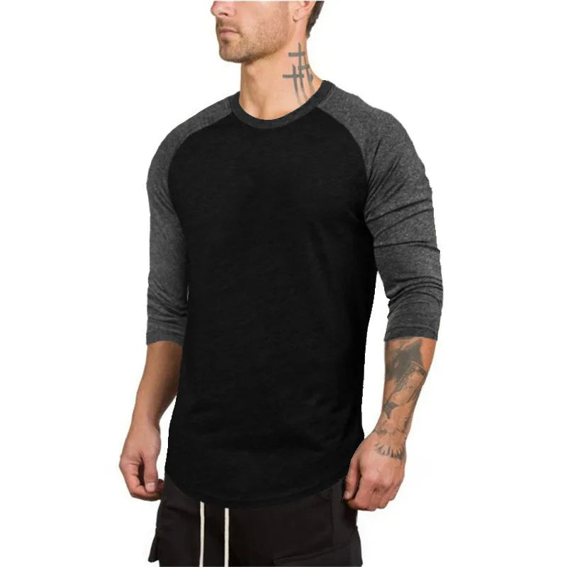 Round Neck Hit Color Cotton Spandex Men's Three-quarter Raglan Sleeve Sports T-shirt
