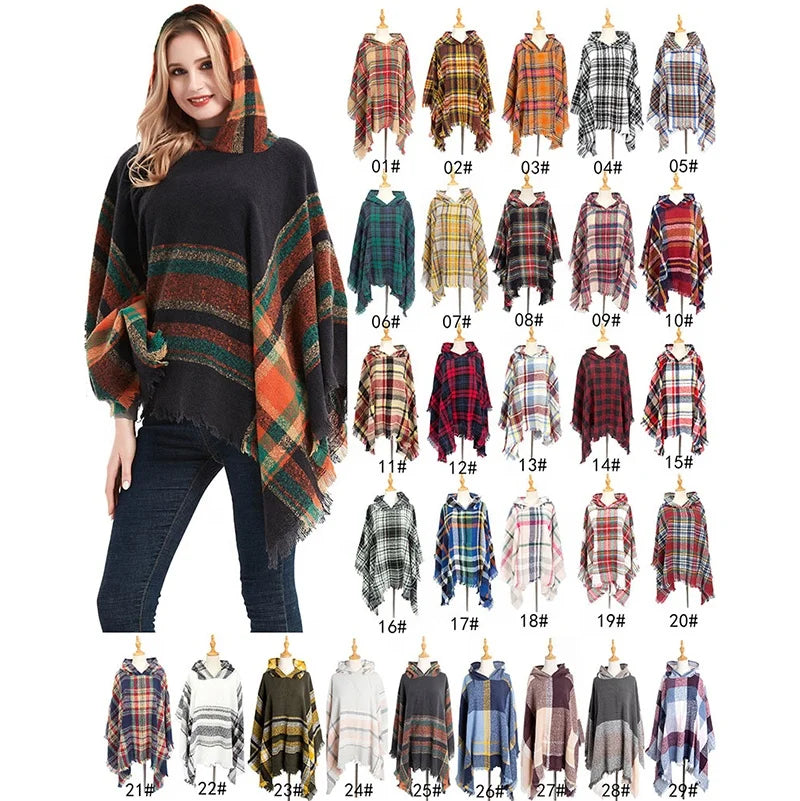 Women's Open Front Poncho Cape Warm Winter Cardigan Wrap With Color Block Design Soft and Comfortable Printed Scarves