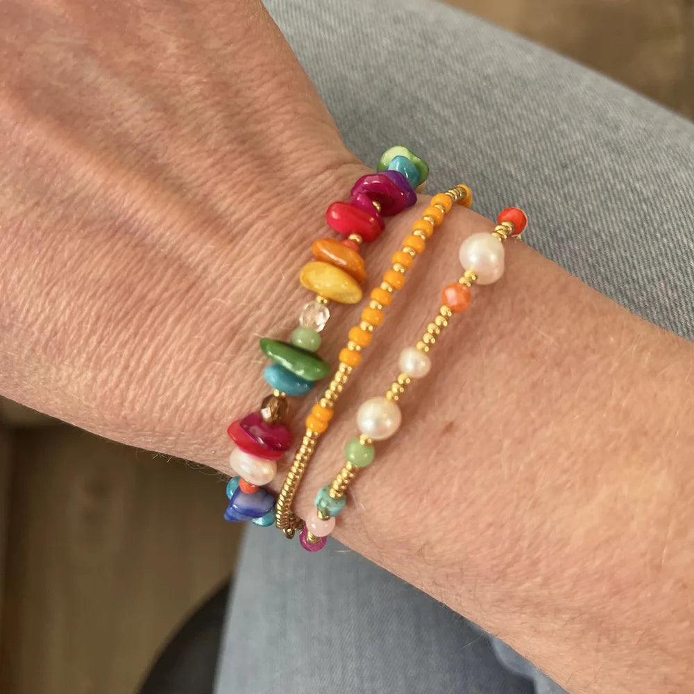 Fashion Vintage Style Colorful Natural Stone Crystal Pearl Elastic Bracelet Seed Bead Beaded Bracelet for Women