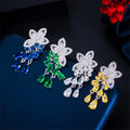 Korean Design Platinum Plated Symmetrical Flower Cubic Zircon Tassel Fringe Earrings for Women Ladies Dangle Drop Cute Earrings