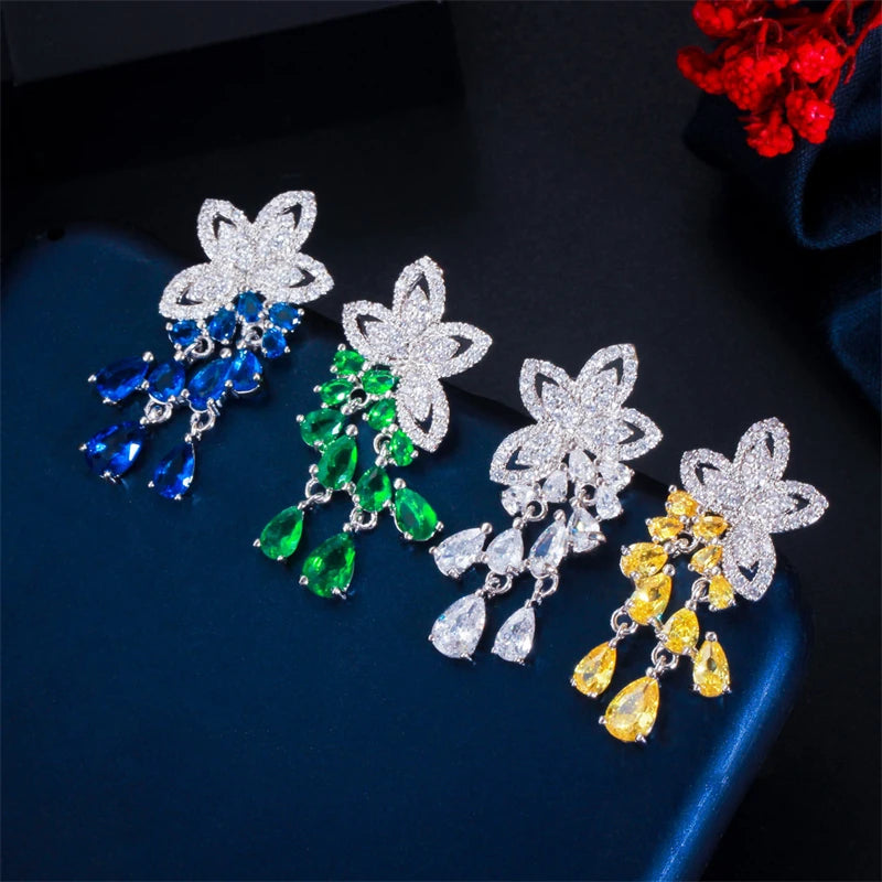 Korean Design Platinum Plated Symmetrical Flower Cubic Zircon Tassel Fringe Earrings for Women Ladies Dangle Drop Cute Earrings