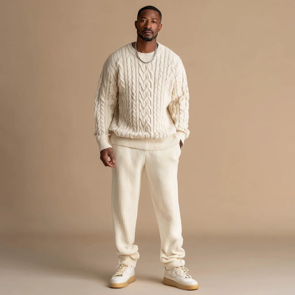 Elegant Men's Wool Blend Cable Knit Sweater and Pants Set Comfortable Breathable Clothing with Stylish Pattern Decoration