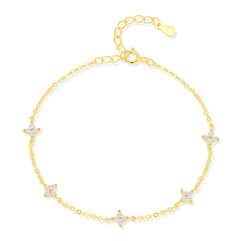 925 Sterling Silver Four-Petal Flower Bracelet with Zircon Gold Plated Party Jewellery Wedding Gift for Girls