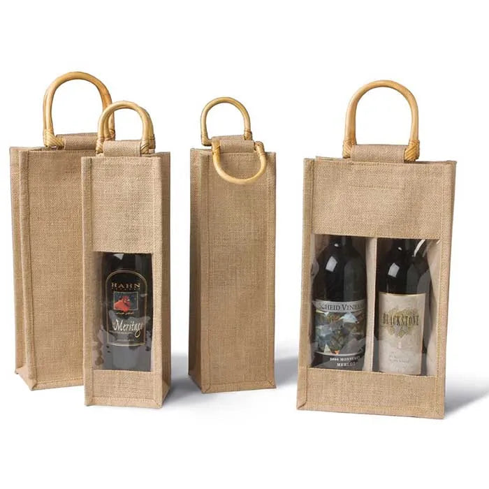 Eco Friendly  Natural Wine Jute Bag With Window Durable Burlap Shopping Bag