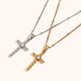 Dingran 2024 High Fashion Zircon Cross Necklace Gold Plated Stainless Steel Beaded Pendant Necklaces
