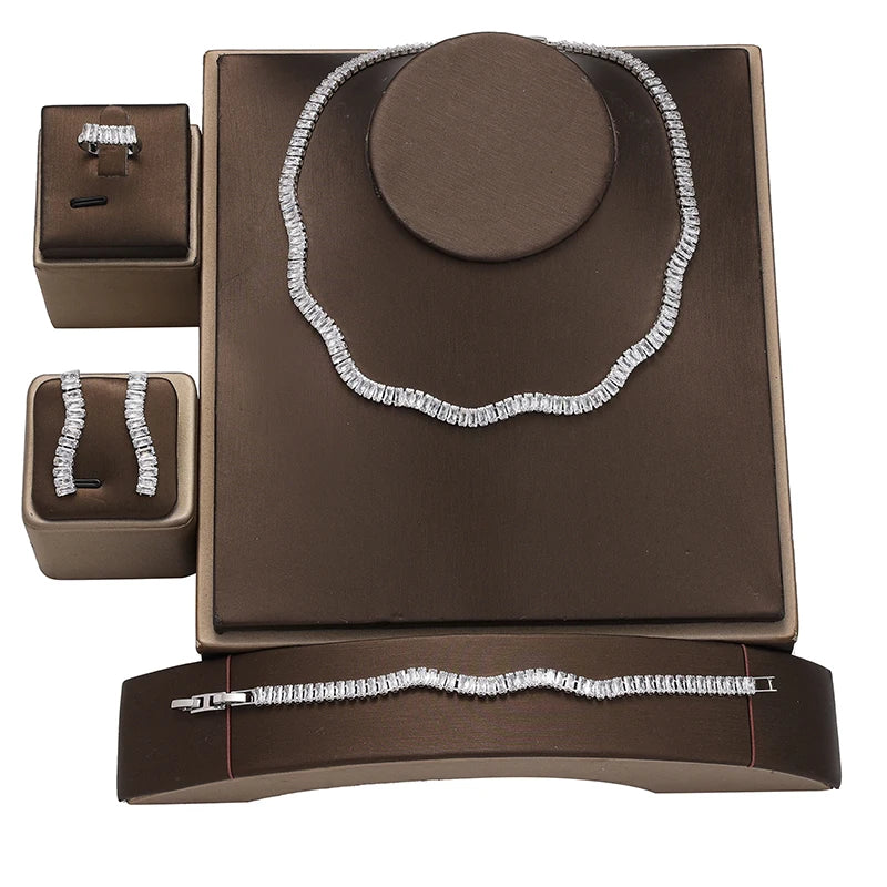 Curved Crystal 4 Pieces Necklace Set Clear Cubic Zircon Wedding Fine Jewelry Set Simple Classic Jewelry for Bride BN8951