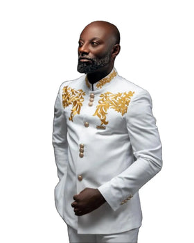 Gold Embroidery Jacket Men Wedding Suits Stand Collar Tuxedos Fashion Groom Wear Prom Party 2 Pcs Blazer With Pants Custom Made